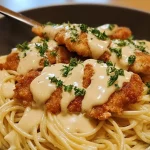 Cheesy Chicken Bites served with spaghetti in garlic parmesan sauce