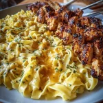 Cheesy garlic butter chicken fettuccine with creamy three-cheese sauce