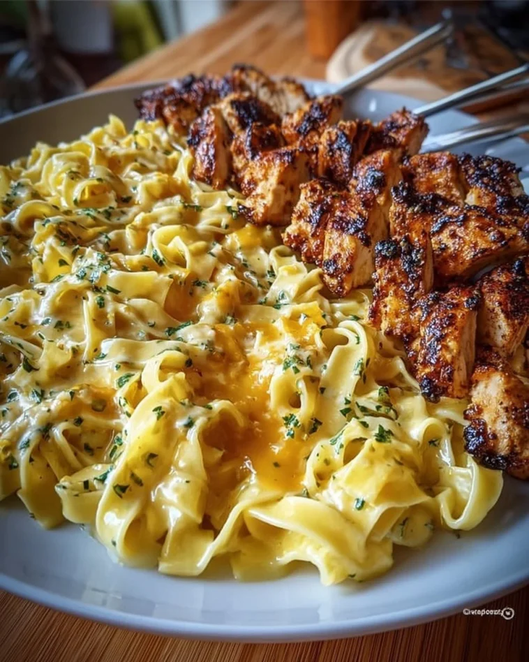 Cheesy garlic butter chicken fettuccine with creamy three-cheese sauce