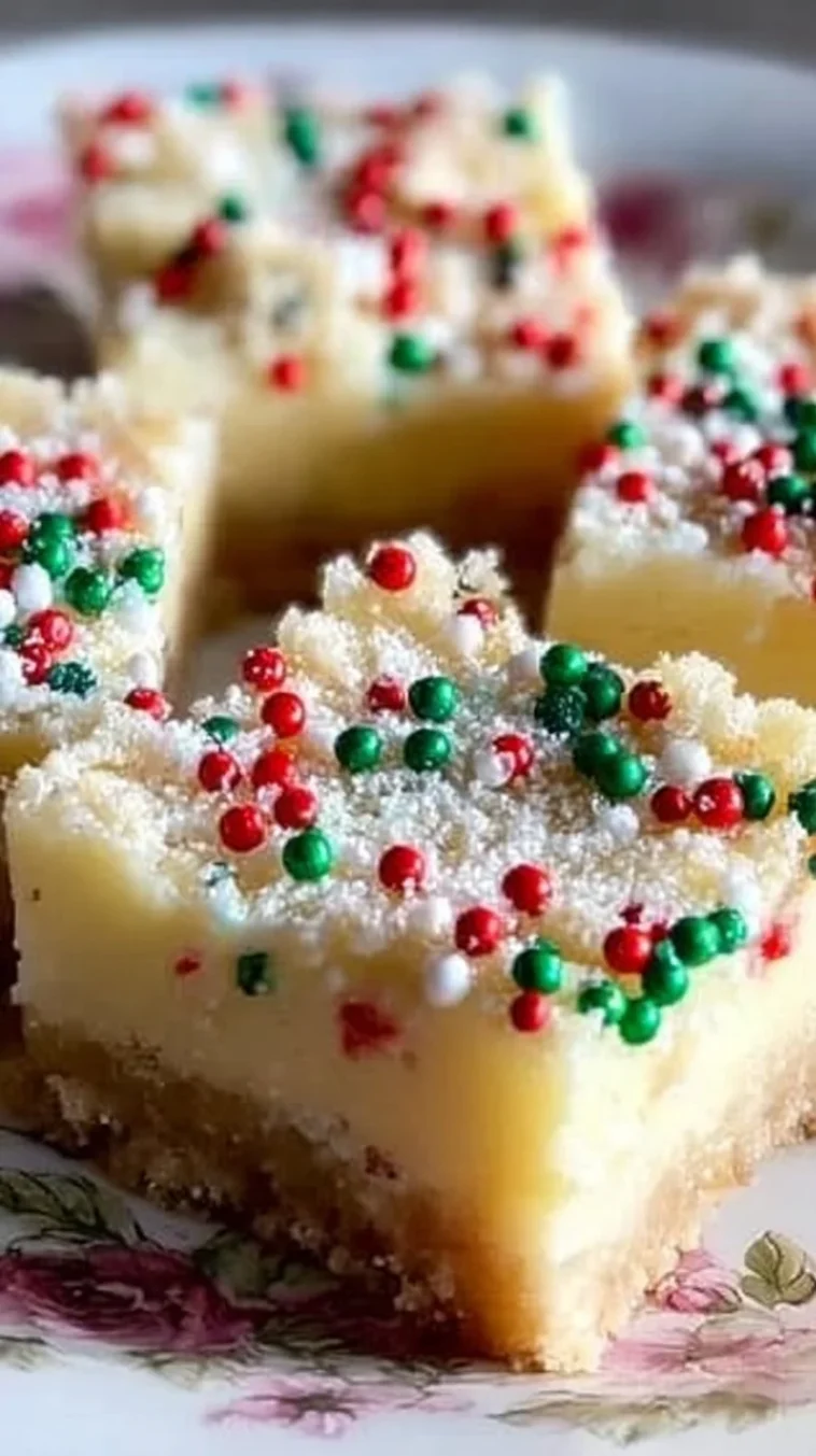 No-bake Christmas sugar cookie cheesecake bars on a holiday plate.