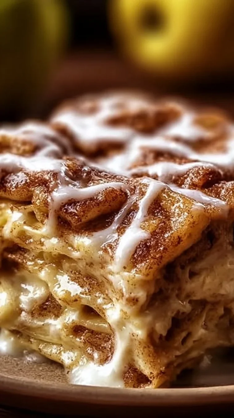 Delicious Cinnamon Roll Apple Lasagna layered with cinnamon rolls and apples