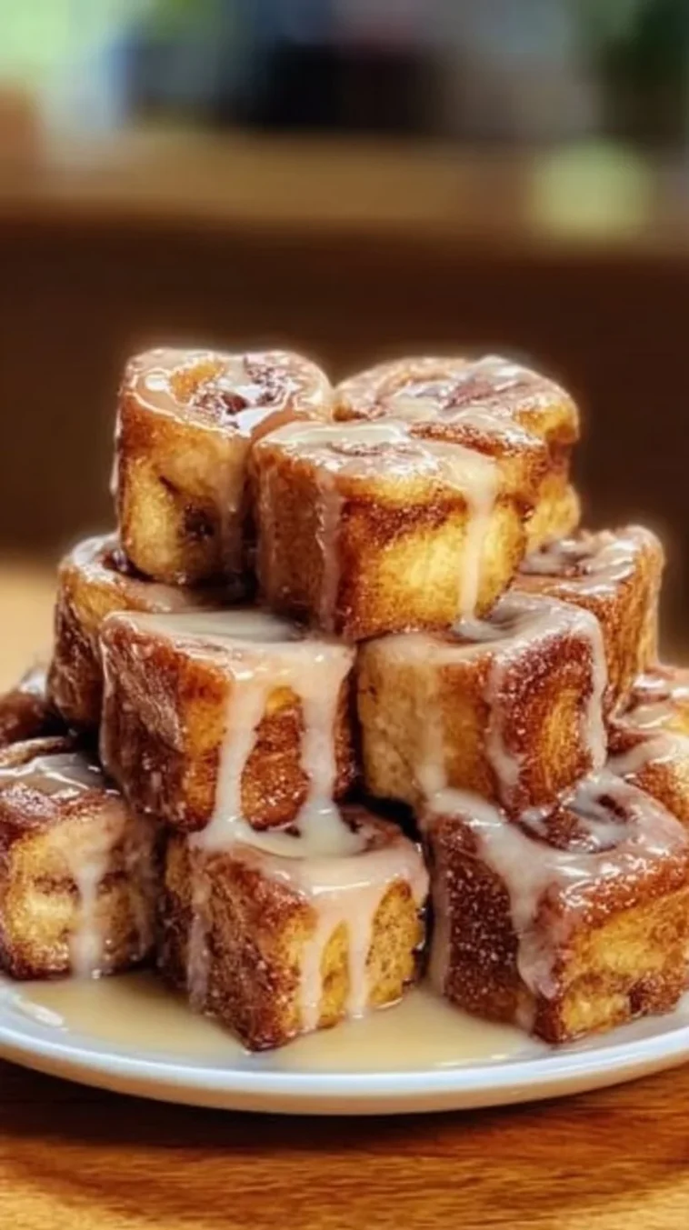 Cinnamon Roll French Toast Bites served with syrup and berries on a plate