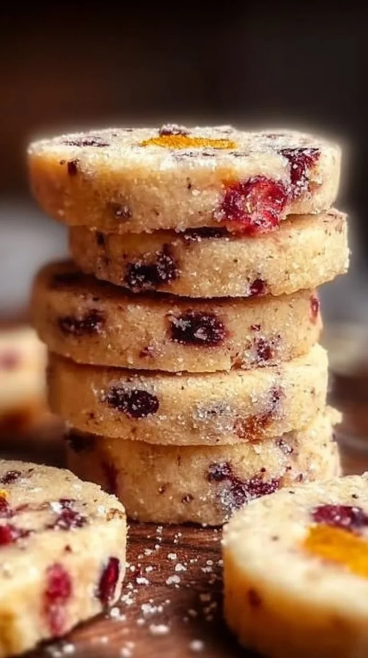 Cranberry orange shortbread cookies with a festive garnish