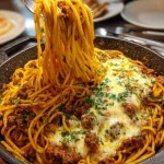 Creamy Cajun Beef Spaghetti topped with triple cheese Parmesan sauce