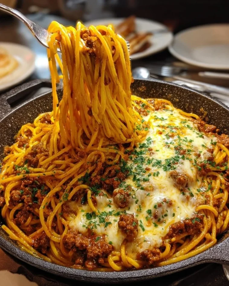 Creamy Cajun Beef Spaghetti topped with triple cheese Parmesan sauce