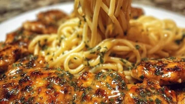 Creamy cheddar parmesan chicken spaghetti dish served in a bowl