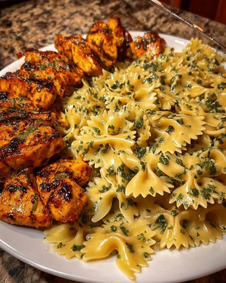 Creamy garlic Parmesan chicken bowtie pasta with mozzarella cheese sauce