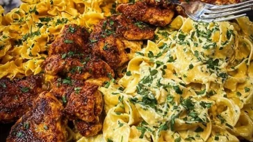 Creamy Velveeta Chicken Fettuccine with garlic cheese sauce in a bowl