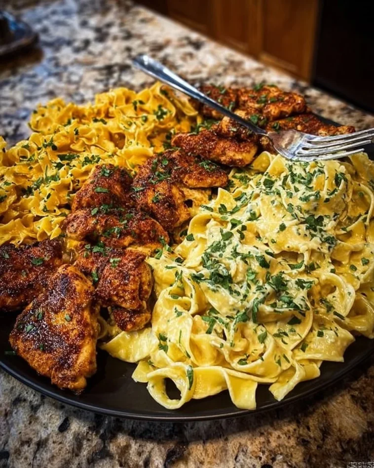 Creamy Velveeta Chicken Fettuccine with garlic cheese sauce in a bowl