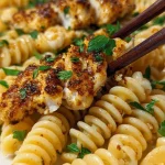 Crispy garlic butter chicken served on creamy rotini pasta