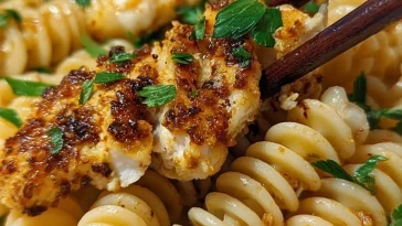 Crispy garlic butter chicken served on creamy rotini pasta