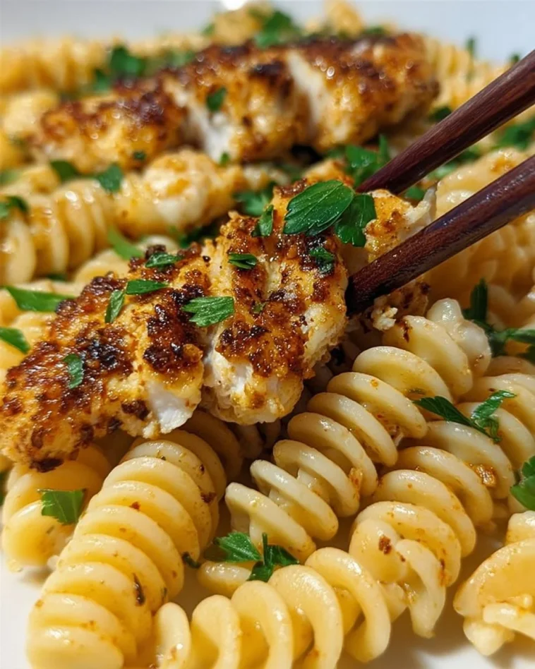 Crispy garlic butter chicken served on creamy rotini pasta