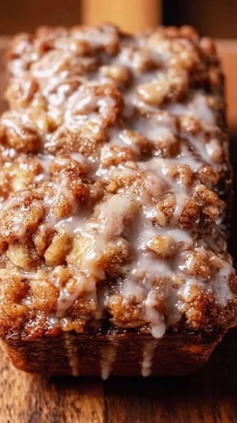 Slice of Amish apple fritter bread with apples and cinnamon glaze