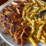 Delicious Garlic Butter Chicken Penne topped with creamy Parmesan cheese