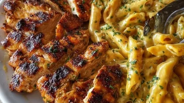 Delicious Garlic Butter Chicken Penne topped with creamy Parmesan cheese