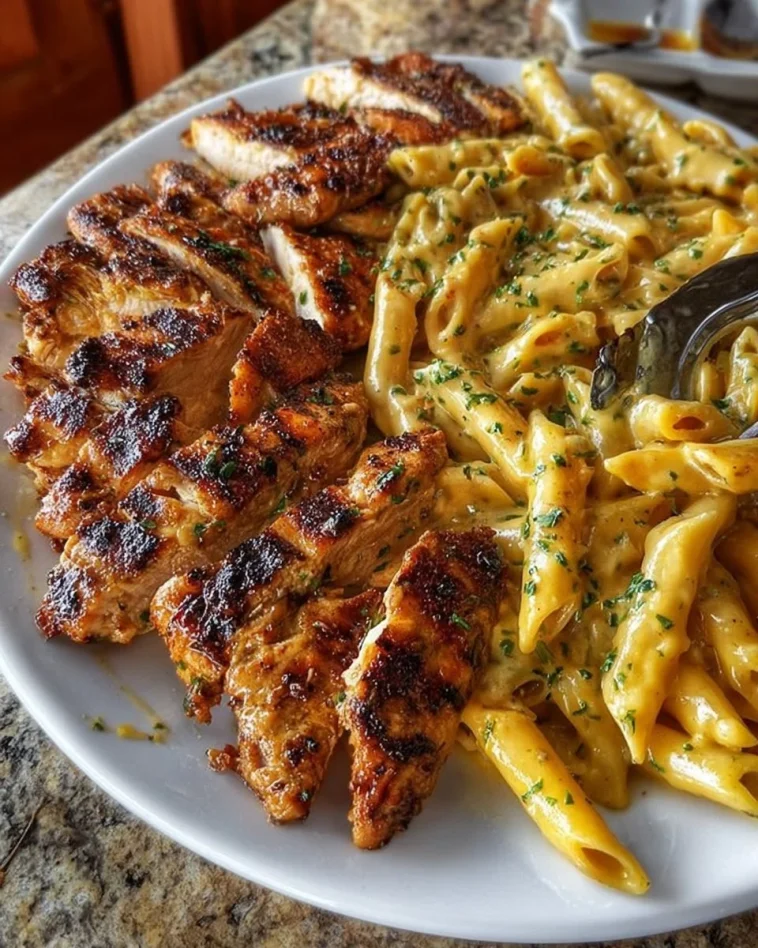 Delicious Garlic Butter Chicken Penne topped with creamy Parmesan cheese