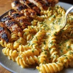Garlic Butter Chicken Rotini served in a creamy Parmesan sauce