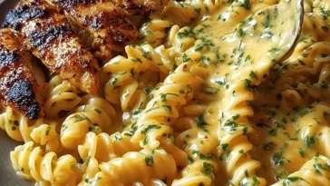 Garlic Butter Chicken Rotini served in a creamy Parmesan sauce
