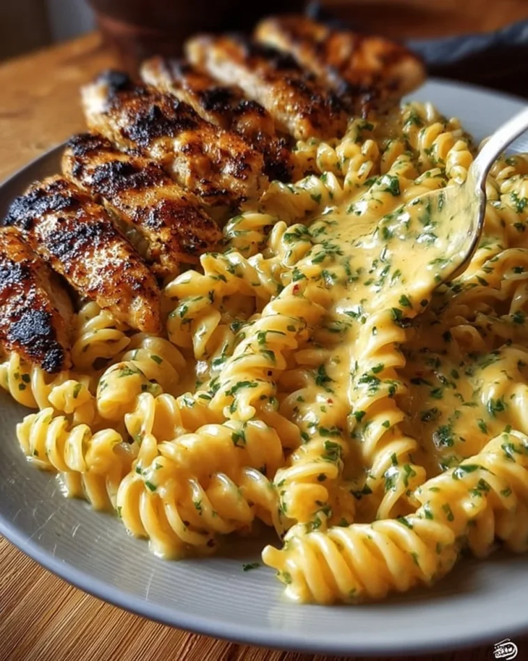 Garlic Butter Chicken Rotini served in a creamy Parmesan sauce
