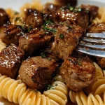 Garlic Butter Steak Bites served with Creamy Parmesan Shell Pasta