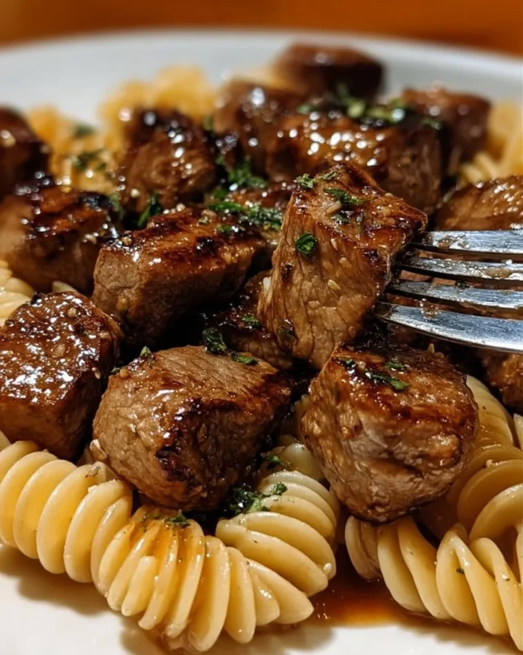 Garlic Butter Steak Bites served with Creamy Parmesan Shell Pasta