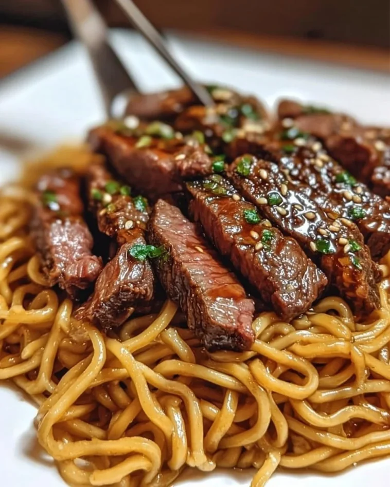 Garlic Butter Steak served with Lightning Noodles for a flavorful dish