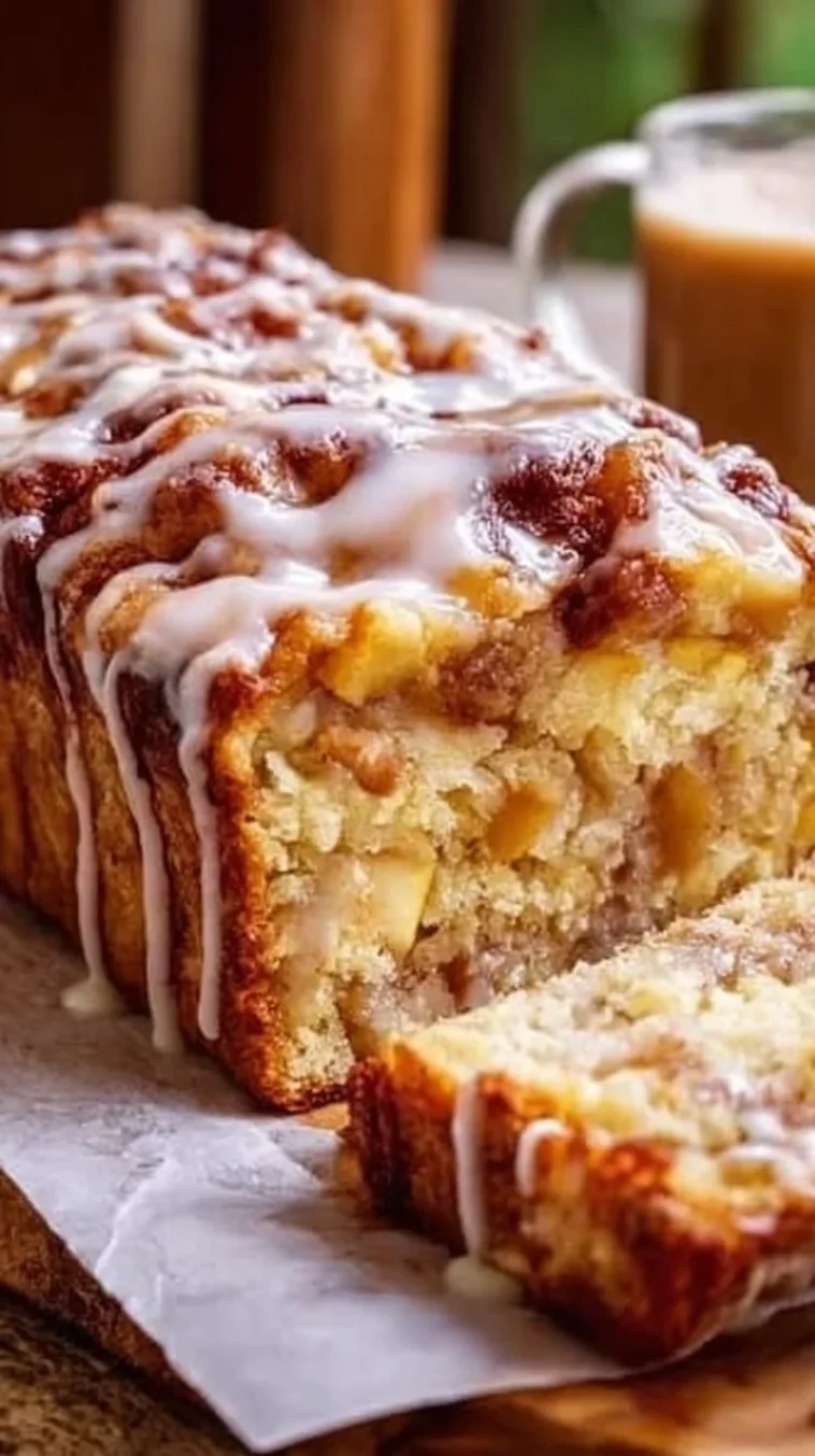 Freshly baked Amish apple fritter bread with apple chunks and glaze