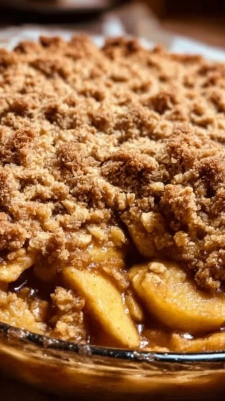 Delicious old fashioned apple crisp with baked apples and oat topping