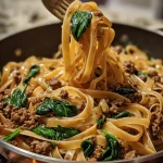 One-Pot Beef and Garlic Parmesan Spinach Pasta in a serving bowl