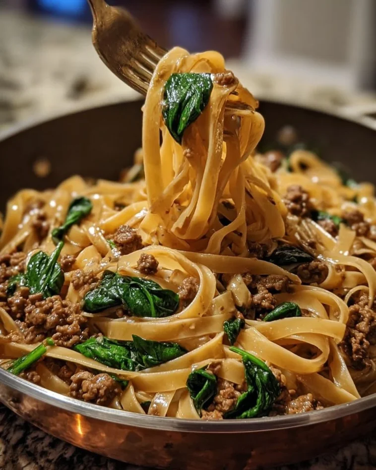 One-Pot Beef and Garlic Parmesan Spinach Pasta in a serving bowl