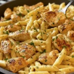 One-Pot Garlic Chicken with Parmesan Penne in a skillet