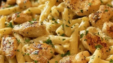 One-Pot Garlic Chicken with Parmesan Penne in a skillet