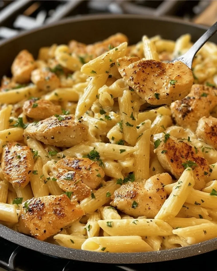 One-Pot Garlic Chicken with Parmesan Penne in a skillet