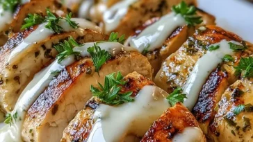 Oven-baked Caesar chicken with creamy Parmesan sauce served on a plate