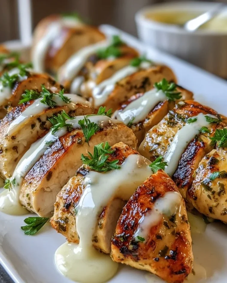 Oven-baked Caesar chicken with creamy Parmesan sauce served on a plate