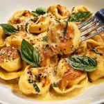 Rotini with beef in creamy garlic Parmesan sauce served in a bowl