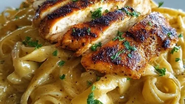 Savory Cajun chicken dish served on creamy Parmesan linguine