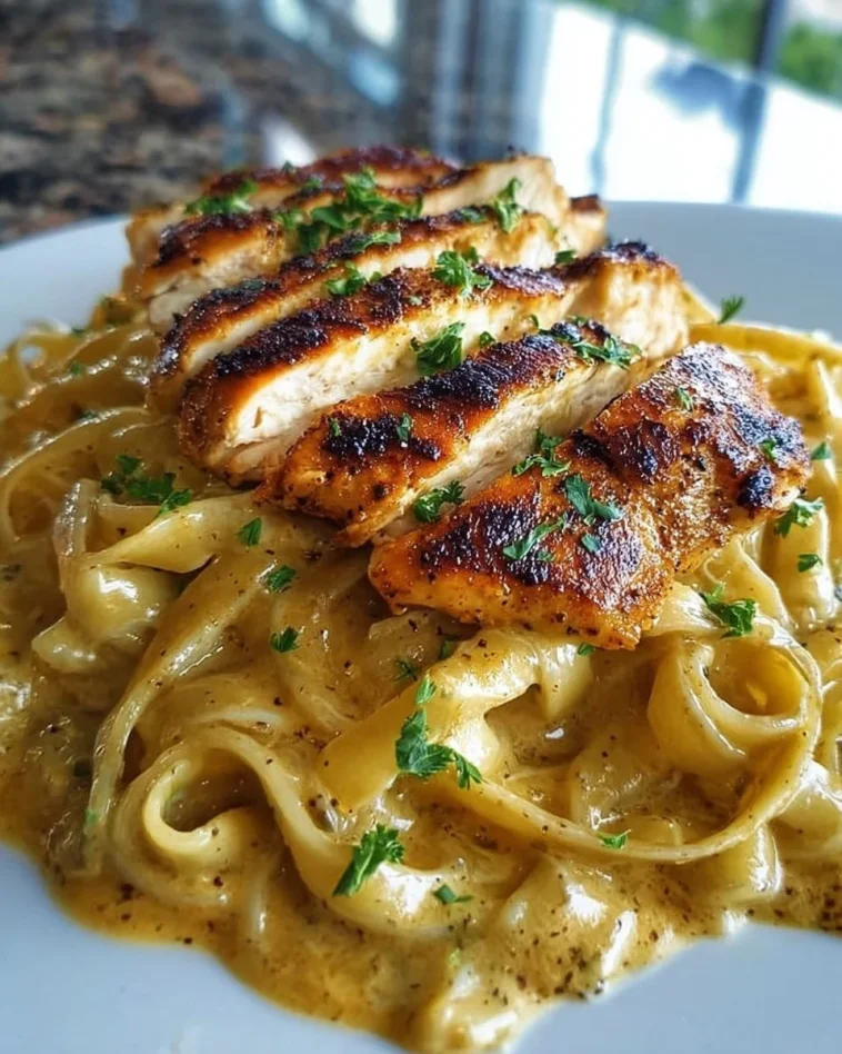 Savory Cajun chicken dish served on creamy Parmesan linguine