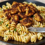 Smoky Cajun Chicken Bites served with rotini in creamy Parmesan sauce