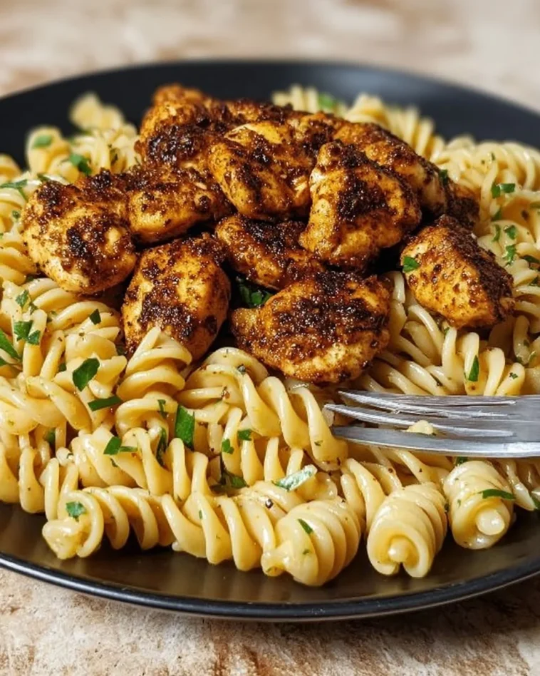 Smoky Cajun Chicken Bites served with rotini in creamy Parmesan sauce