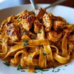 Plate of spicy Cajun chicken fettuccine in creamy garlic sauce with herbs