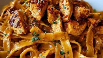 Plate of spicy Cajun chicken fettuccine in creamy garlic sauce with herbs