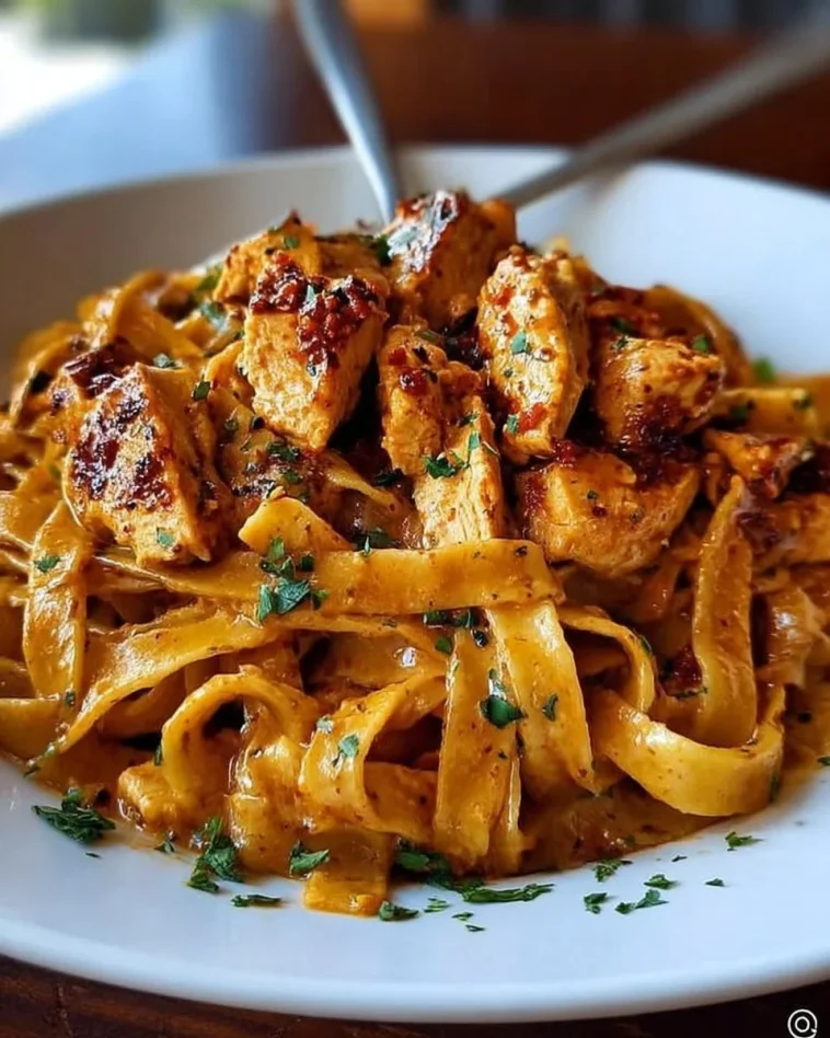 Plate of spicy Cajun chicken fettuccine in creamy garlic sauce with herbs