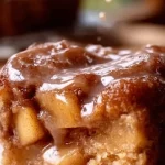 Sweet apple fritter cake topped with glaze and fresh apple slices.