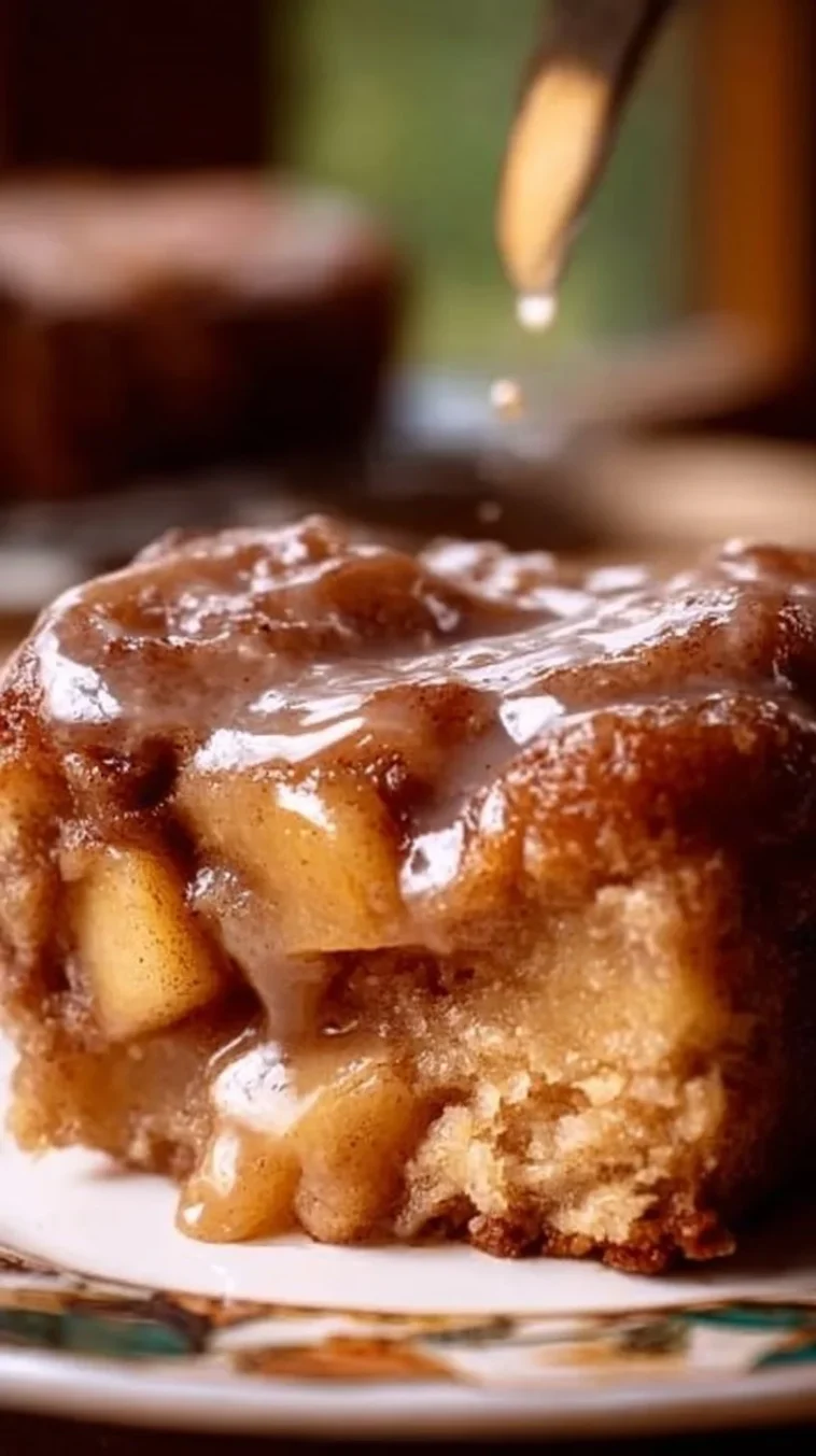 Sweet apple fritter cake topped with glaze and fresh apple slices.