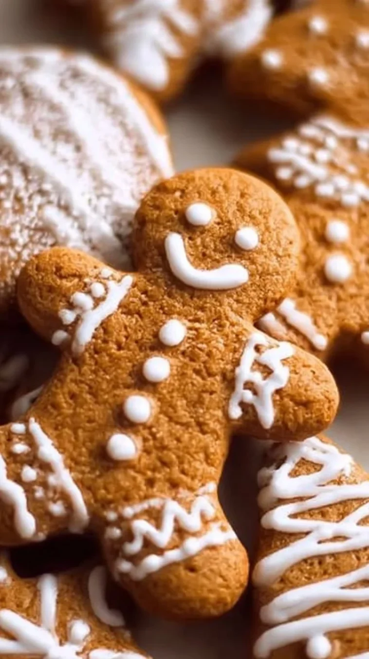 Baked soft gingerbread cookies decorated with icing on a wooden table