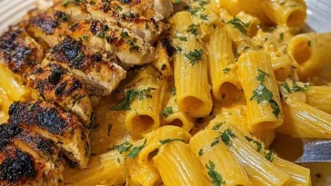 Velveeta Chicken Rigatoni with four-cheese sauce served in a bowl