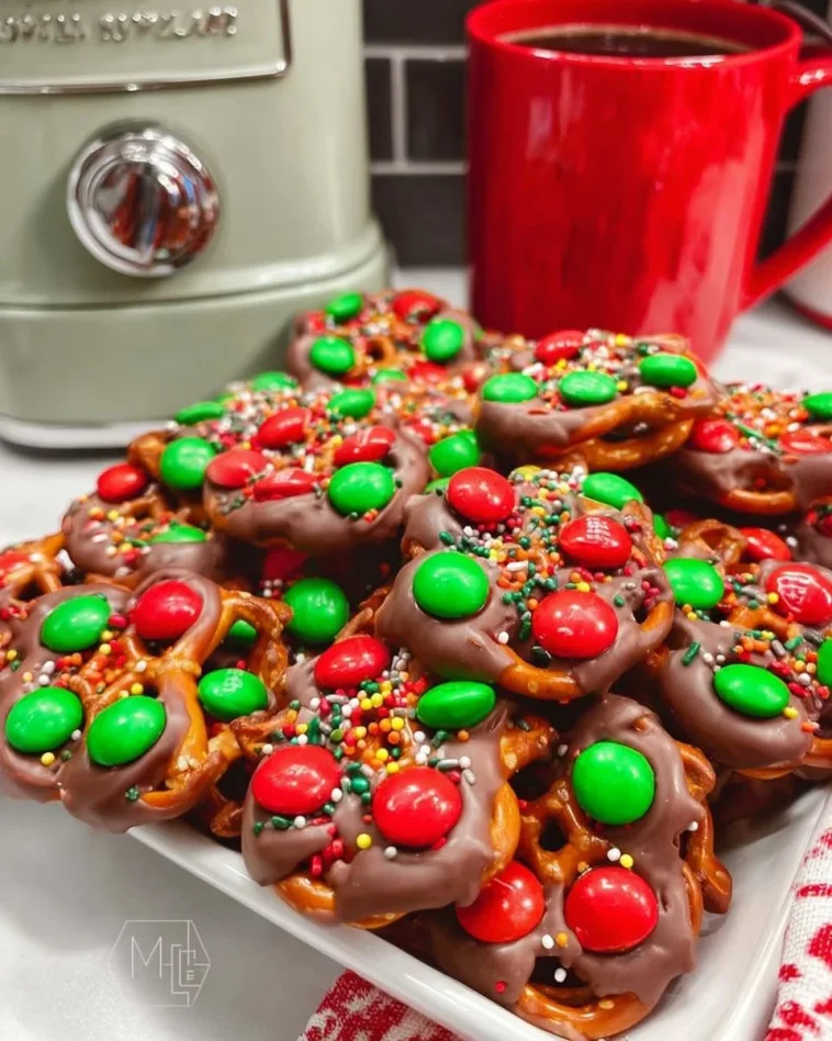 Delicious Christmas pretzel bites decorated with festive toppings