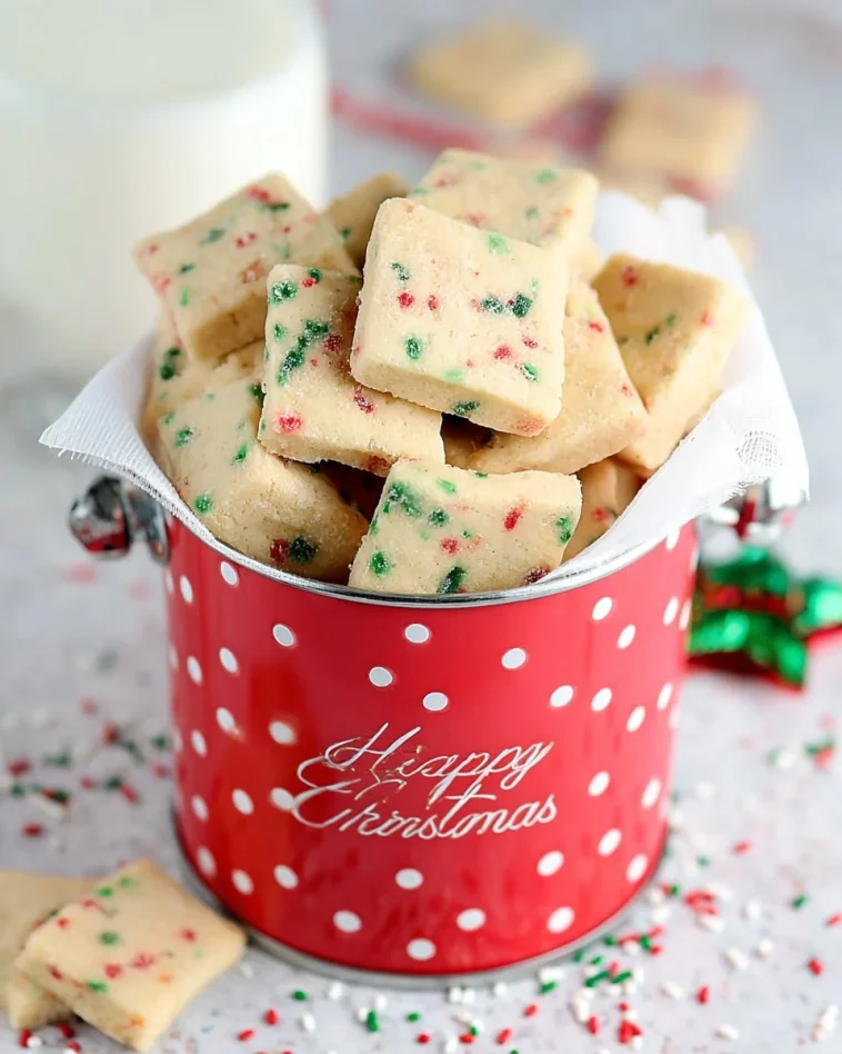 Festive Christmas shortbread cookie bites on a decorative plate