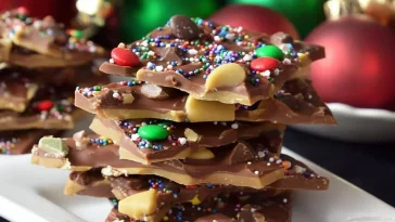 Delicious homemade Christmas Toffee candy on a festive plate